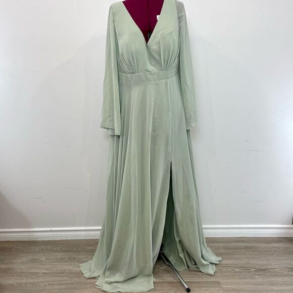 JJs House A-line V-Neck Chiffon Bridesmaid Dress Bell Sleeves Slit Sage 14/16 - Picture 1 of 11